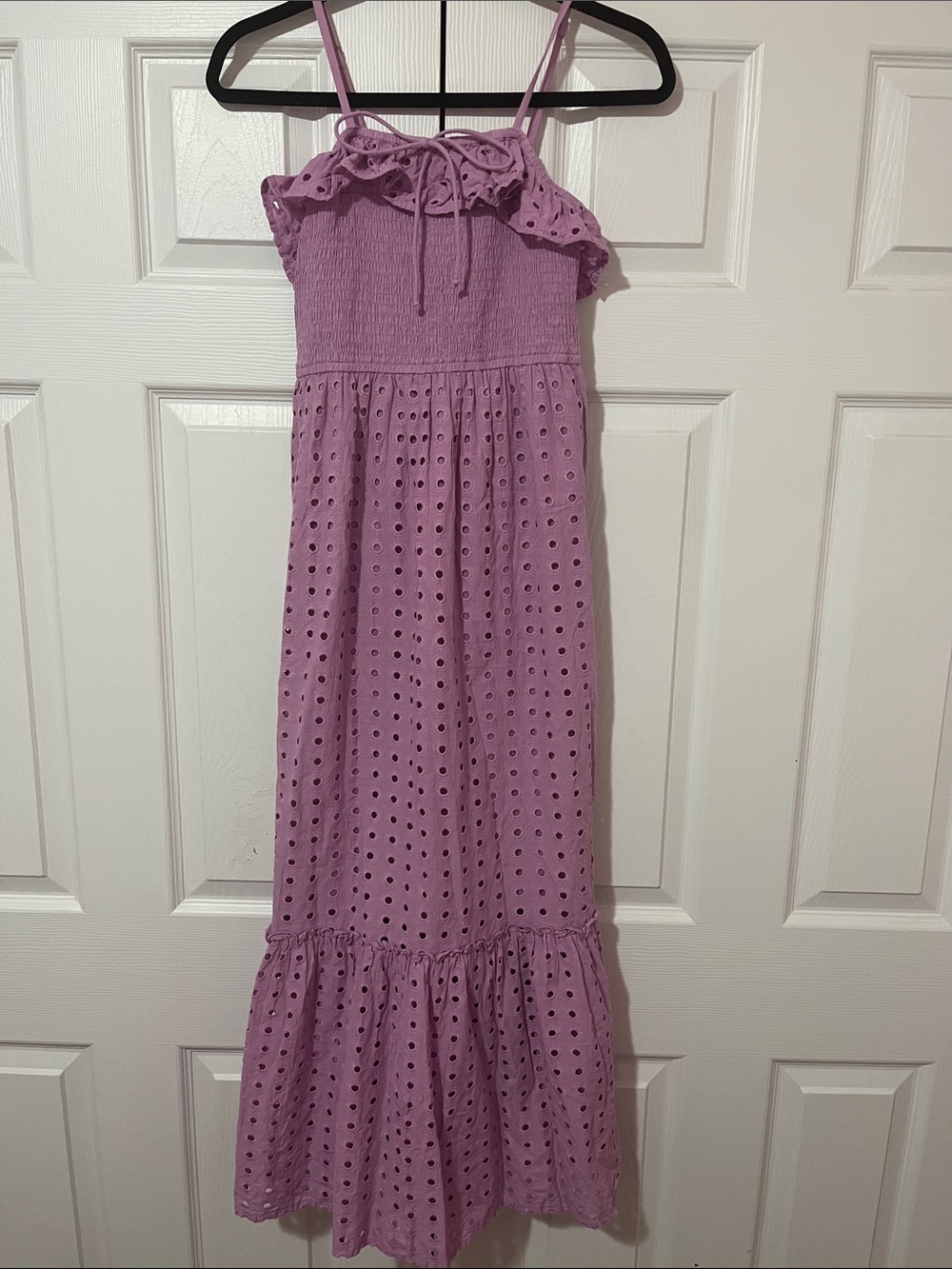 Sincerly Jules Lavender Eyelet Maxi Dress with Ruffle Neck